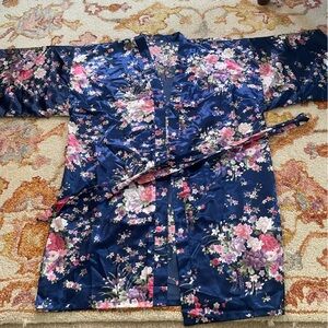 Silky navy floral kimono robe with belt